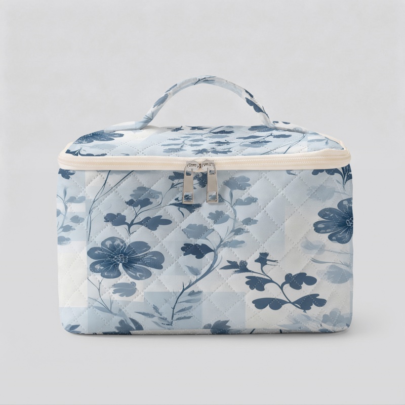 yarn storage bag     gray blue ink floral pattern 2d printed large capacity     with internal mesh pouch can store yarn balls crochet hooks sewing additions home and outing storage for hand knitting enthusiasts