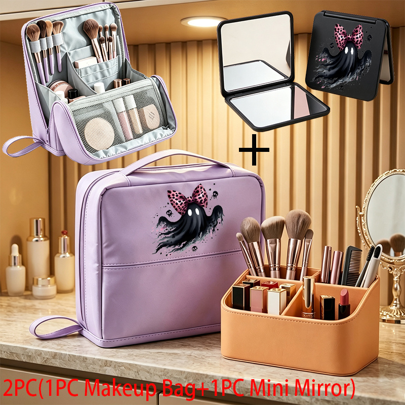 2pcs Halloween Day Makeup Bag and Mini Mirror Travel Organizer Case