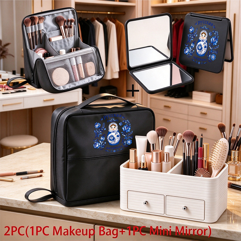 2pcs Russian Matryoshka Makeup Bag and Mini Mirror Travel Organizer Case