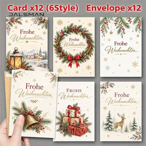 öğe resmi 12/24lü zarfı olan tebrik kartları, noel tebrik kartı seti, tatil dilekleri ve kış kutlama etkinliklerinde arkadaşlara ve üyelerine sezonluk hediye verme i̇çin zarflı