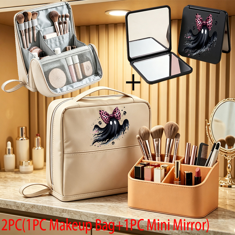2pcs Halloween Day Makeup Bag and Mini Mirror Travel Organizer Case