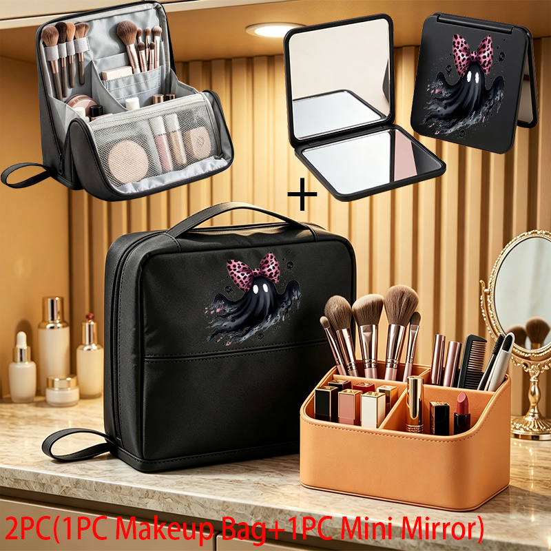 2pcs Halloween Day Makeup Bag and Mini Mirror Travel Organizer Case