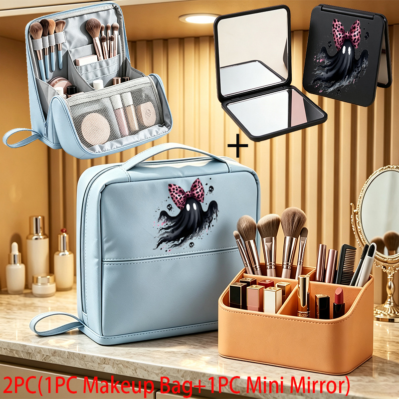 2pcs Halloween Day Makeup Bag and Mini Mirror Travel Organizer Case