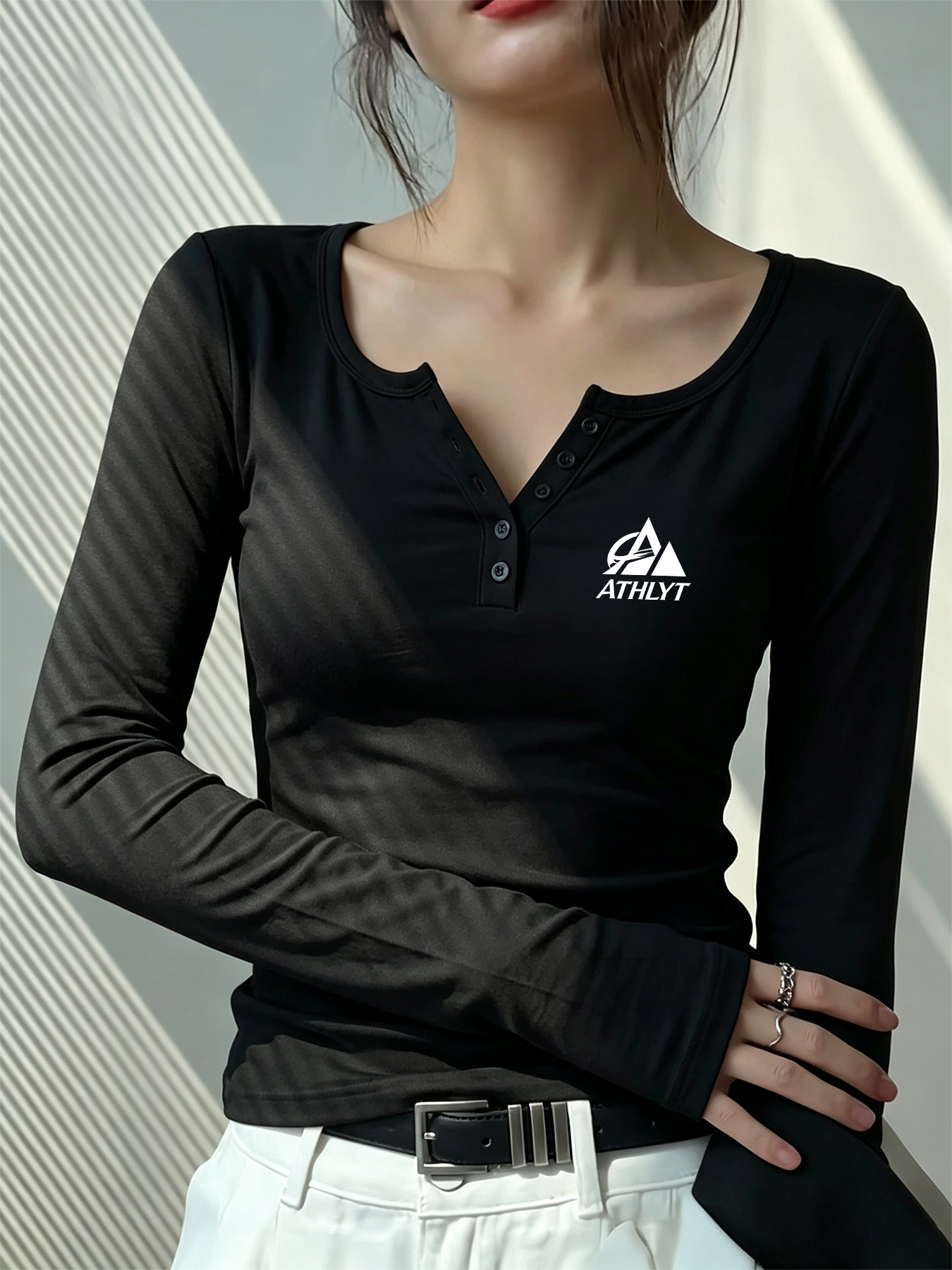 item picture womens long sleeve button waist blouse with a unique half open neckline waist cinching design and a dynamic   geometric   letter print a stretchy   fit pullover top suitable for multiple occasions dating