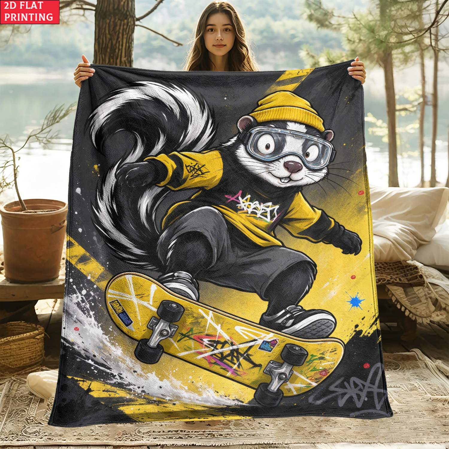 item picture 2d flat 1pc yellow skunk outdoor blanket ultra soft portable flannel lightweight home furnishings bedding blanket suitable for travel camping living rooms offices and beds soft and warm printed blankets 2d flat