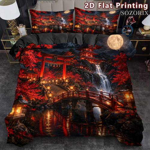 item picture 3pcs 2d flat japanese temple torii duvet cover set night maple waterfall scene breathable polyester machine washable no insert for bedding 1duvet cover and 2pillowcases without core and quilt