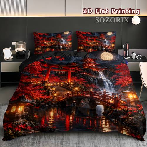 3pcs 2d flat japanese temple torii duvet cover set night maple waterfall scene breathable polyester machine washable no insert for bedding 1duvet cover and 2pillowcases without core and quilt