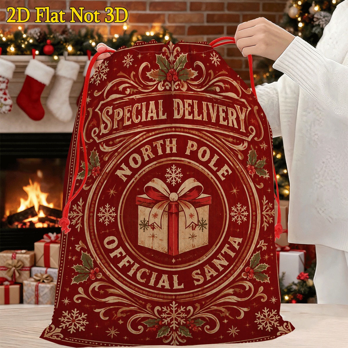 TEMU 2d Flat, 1pc, Gift Bags, Santa Claus Official North Pole Special Drawstring Gift Bag, Suitable For Party Favors, Holiday Decorations, Birthdays,