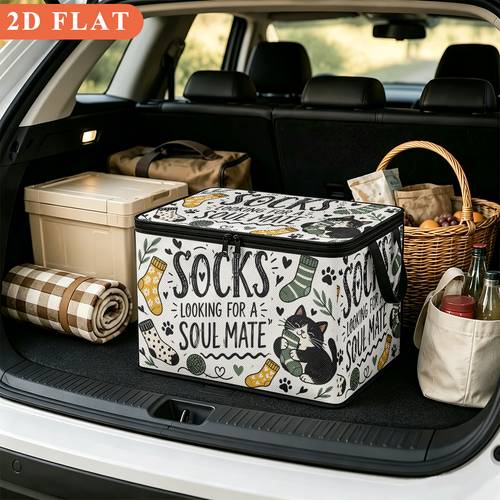 1 pièce boîte de rangement en tissu avec chat et chaussettes - panier moderne adapté pour déménagement, vêtements, salle de jeux - bac rectangulaire décoratif avec poignée pour organisation de , cadeau pour décoration de chambre, rangement sous le lit