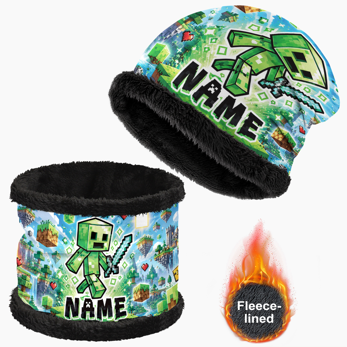 TEMU Ensemble Bonnet Doublé et Cache-col à Imprimé Intégral sur le Thème d'un d'Hiver, avec Motif Creeper de Dessin de Jeu Style . Unisexe, et avec