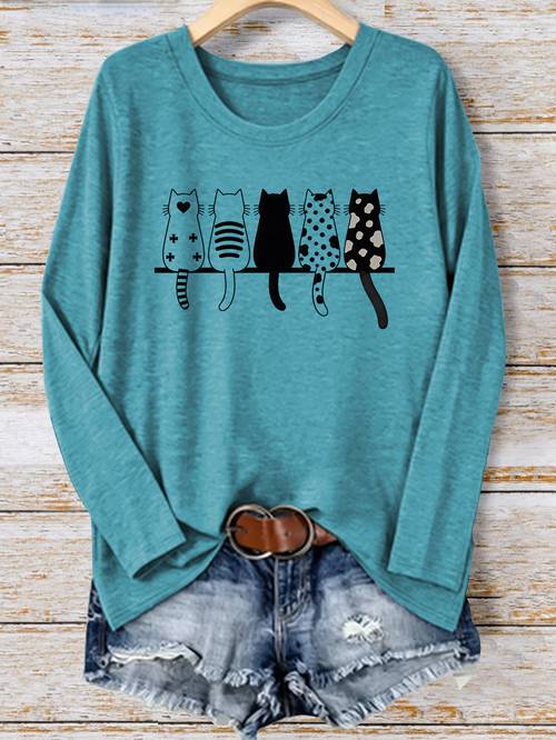 item picture autumn womens apparel party gift cat and books print crew neck plus size long sleeve t shirt versatile for daily wear with autumn fashionable for parties comfortable breathable top