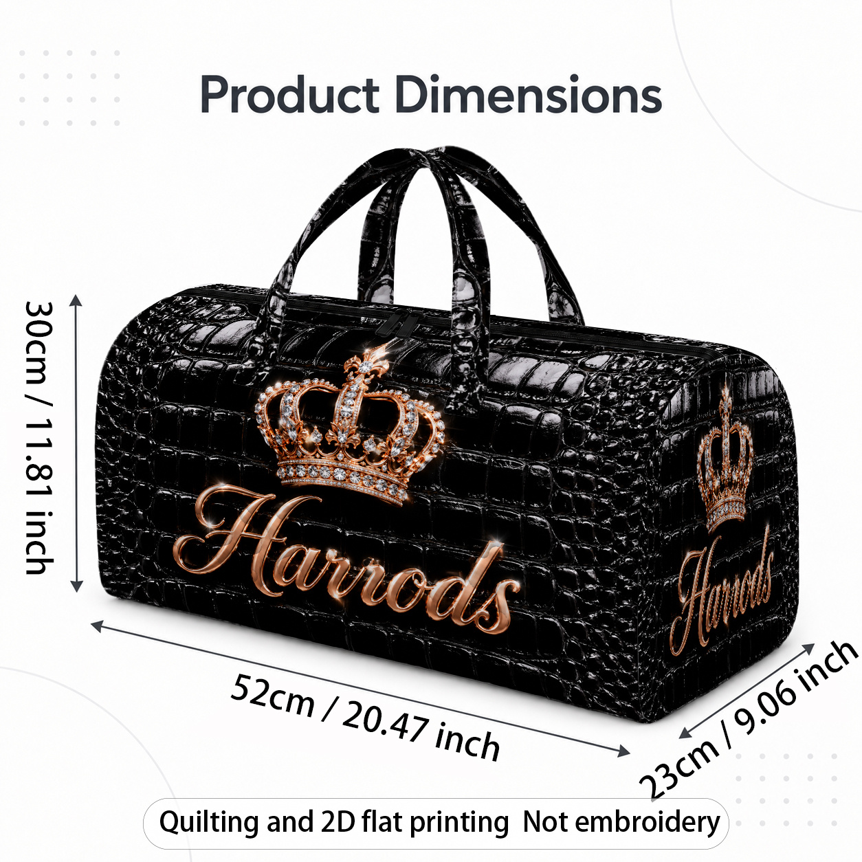 TEMU Sac de sport matelassé 2D plat or rose avec motif couronne de diamant Harrods, sac de nuit portable avec rangement pour chaussures, cadeau de
