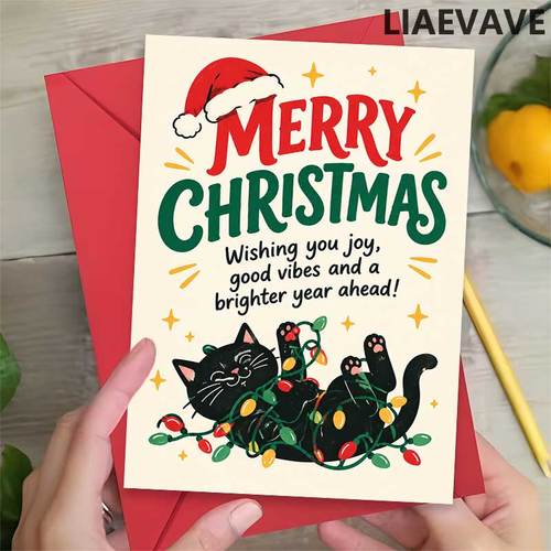 1 greeting card 1 envelope adorable christmas greeting card black cat playing with lights merry christmas for friends festive minimalist card