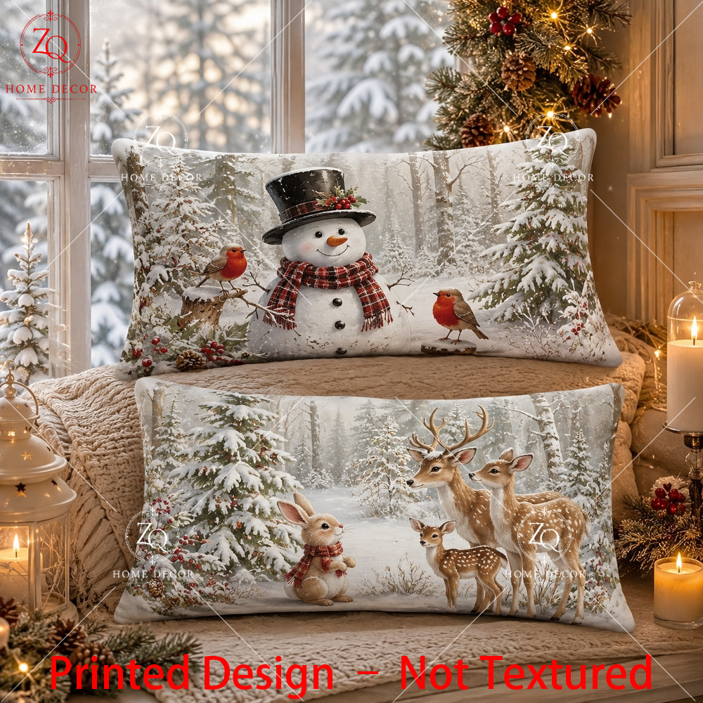 TEMU Printed Design – Not Textured, 2pcs Winter Snow Forest Vintage Christmas Lumbar Pillow Covers, Snowman And Fawn Themed Home Throw Pillows,