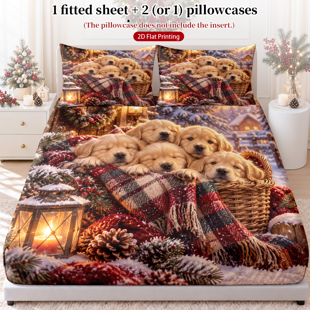 imagen del artículo juego de ropa de cama 2d   de 2/3 piezas con   de golden retriever de navidad en cesta,   sábana ajustable y 1/2 fundas de almohada. con   festivos navideños,   un     y  ,   para dormitorios y habitaciones de invitados.