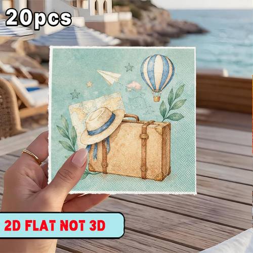 2d flat 20pcs napkins with suitcase and hat with hot air balloon suitable for parties outdoor western restaurants household kitchen use