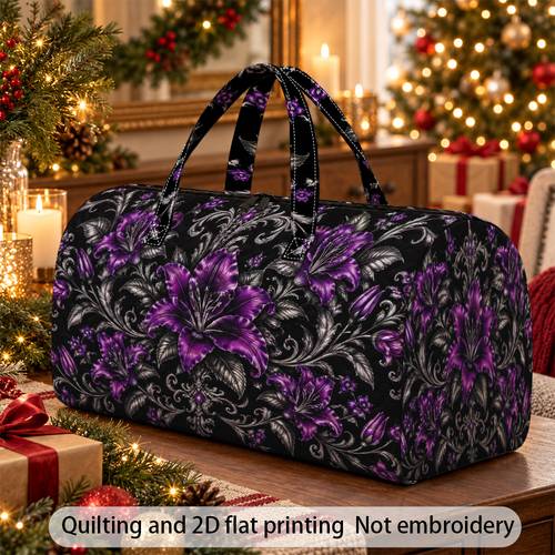 photo de l'article 1 sac matelassé lys violet, grand sac à main à bandoulière, sac de sport de voyage de élégant, avec motif floral, impression de vintage, pour le shopping, de , les , femmes