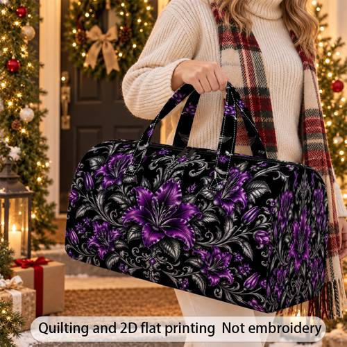 1 sac matelassé lys violet, grand sac à main à bandoulière, sac de sport de voyage de élégant, avec motif floral, impression de vintage, pour le shopping, de , les , femmes