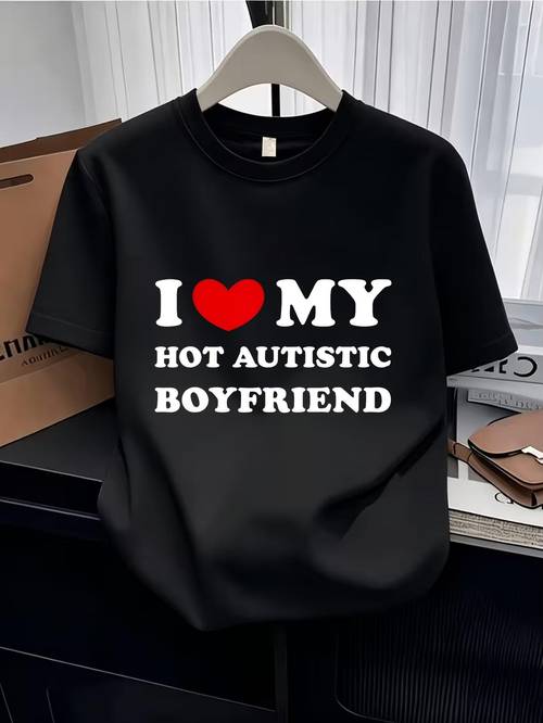 fun heart text print t shirt slogan short sleeve boys and girls casual neck pullover