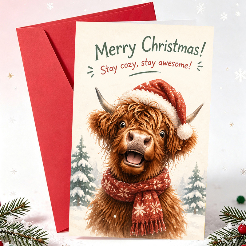   umschlag und eine weihnachtsgrußkarte – frohe weihnachten grußkarte mit niedlichem hochlandrind in weihnachtsmannmütze für freunde und familie – feiertagswünsche – flache briefpapier-notizkarte