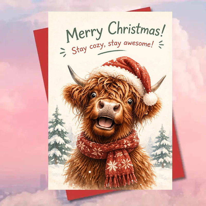 Artikelbild   umschlag und eine weihnachtsgrußkarte – frohe weihnachten grußkarte mit niedlichem hochlandrind in weihnachtsmannmütze für freunde und familie – feiertagswünsche – flache briefpapier-notizkarte