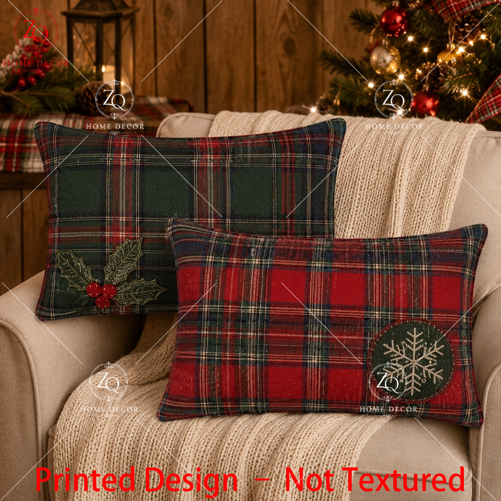 TEMU Housse de coussin imprimée - Non texturée, 2 pièces, Housse de coussin lombaire, Housse de coussin rétro à carreaux de Noël, Housse de champêtre