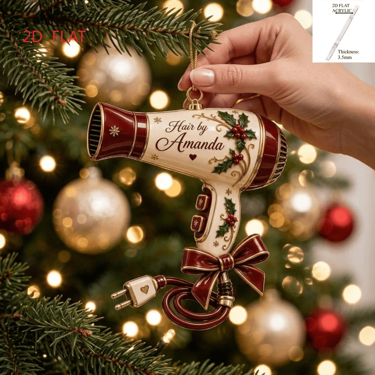 TEMU 2d Flat - 1pc 2d Hair Dryer Shape Christmas Ornament, Custom Name Resin Hanging Decoration, Christmas Tree Pendant, For Xmas Tree, Home Indoor