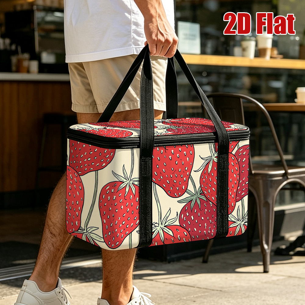 TEMU 2d Flat Portable Insulated Lunch Bag With Red Strawberries On Cream Print, Thickened Thermal Tote For Camping Food Carrying Daily Use, Large