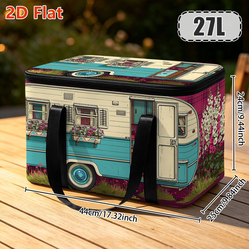 TEMU 2d Flat 1pc Insulated Box Vintage Blue With Flowers Design Fashionable Thermal Bag With Dual Zipper For And Holiday Insulated Non-food Contact