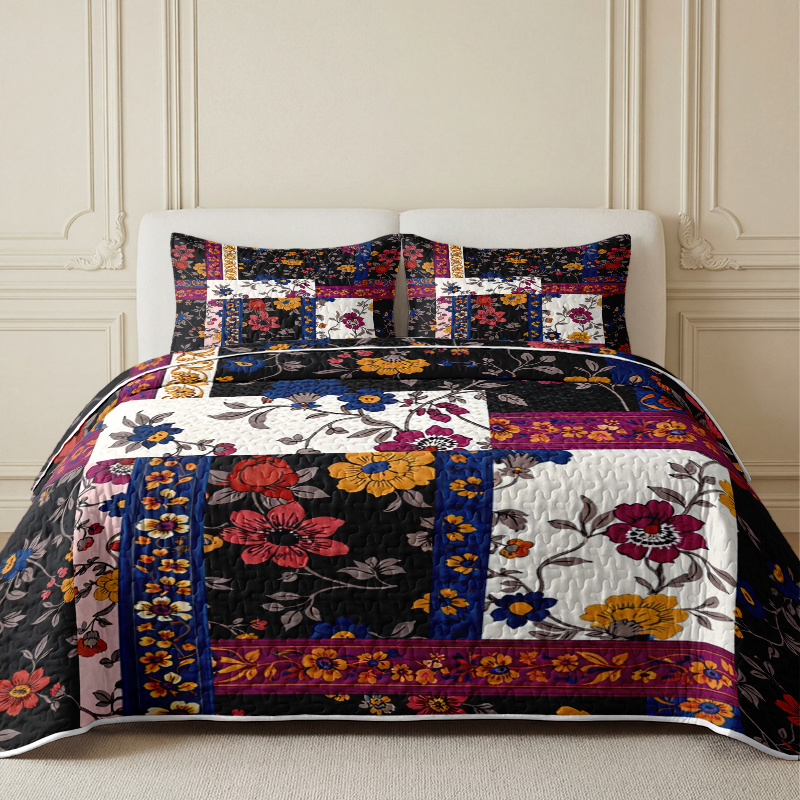 TEMU 2/3pcs Colorful Vintage Floral Print Quilted Bedspread Set, Includes Bedspread*1, Pillowcase*1/2, Pillow Inserts Not Included, Breathable And