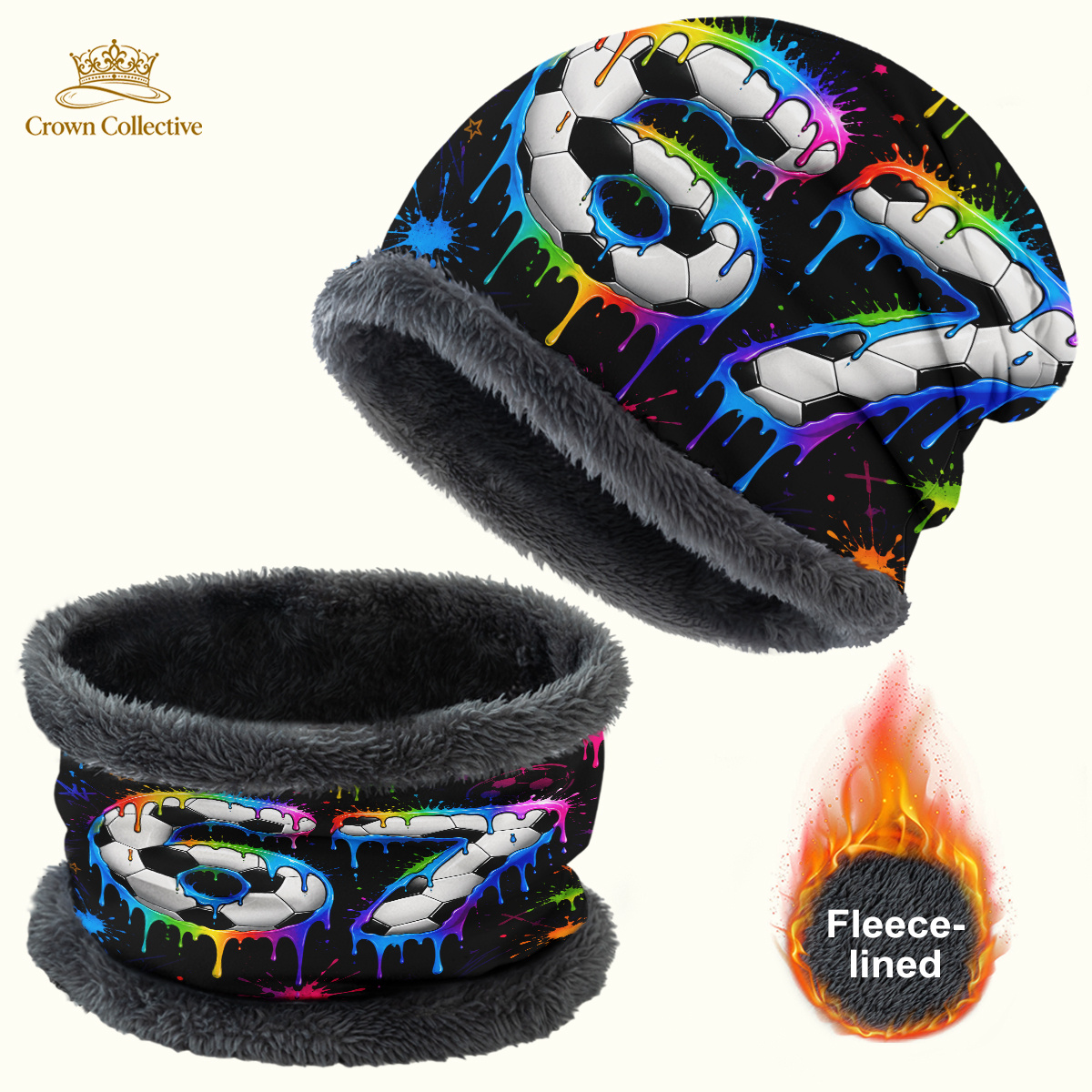 TEMU Football Texture Number "67" Pattern Fleece Beanie And Neck Warmer Set, Colorful Graffiti Style. Suitable For Street Fashion Daily Wear, Winter
