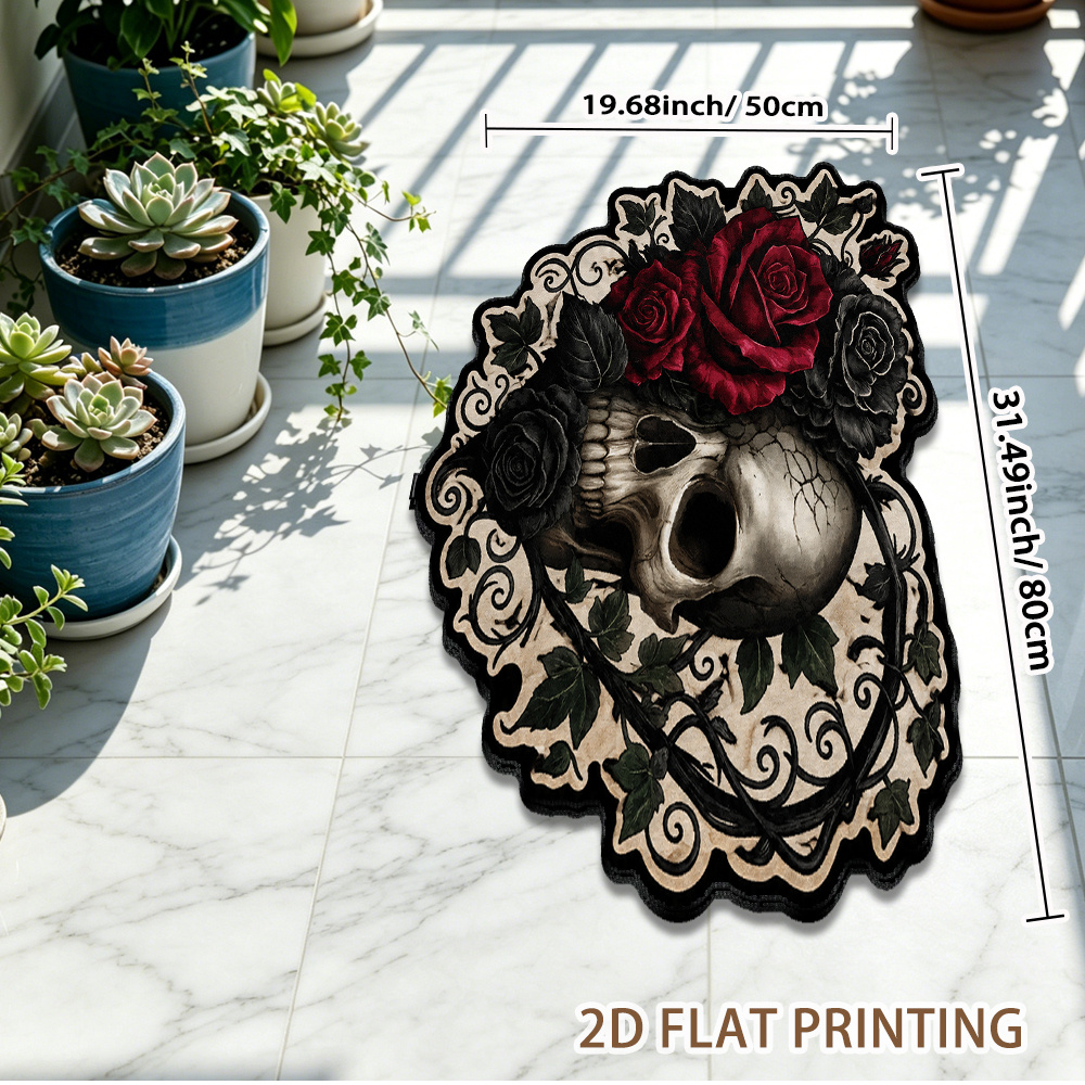 TEMU Tapis de sol plat 2D, 1 pièce, avec impression de crâne gothique et de roses de irrégulière, paillasson à fond en plastique , tapis décoratif