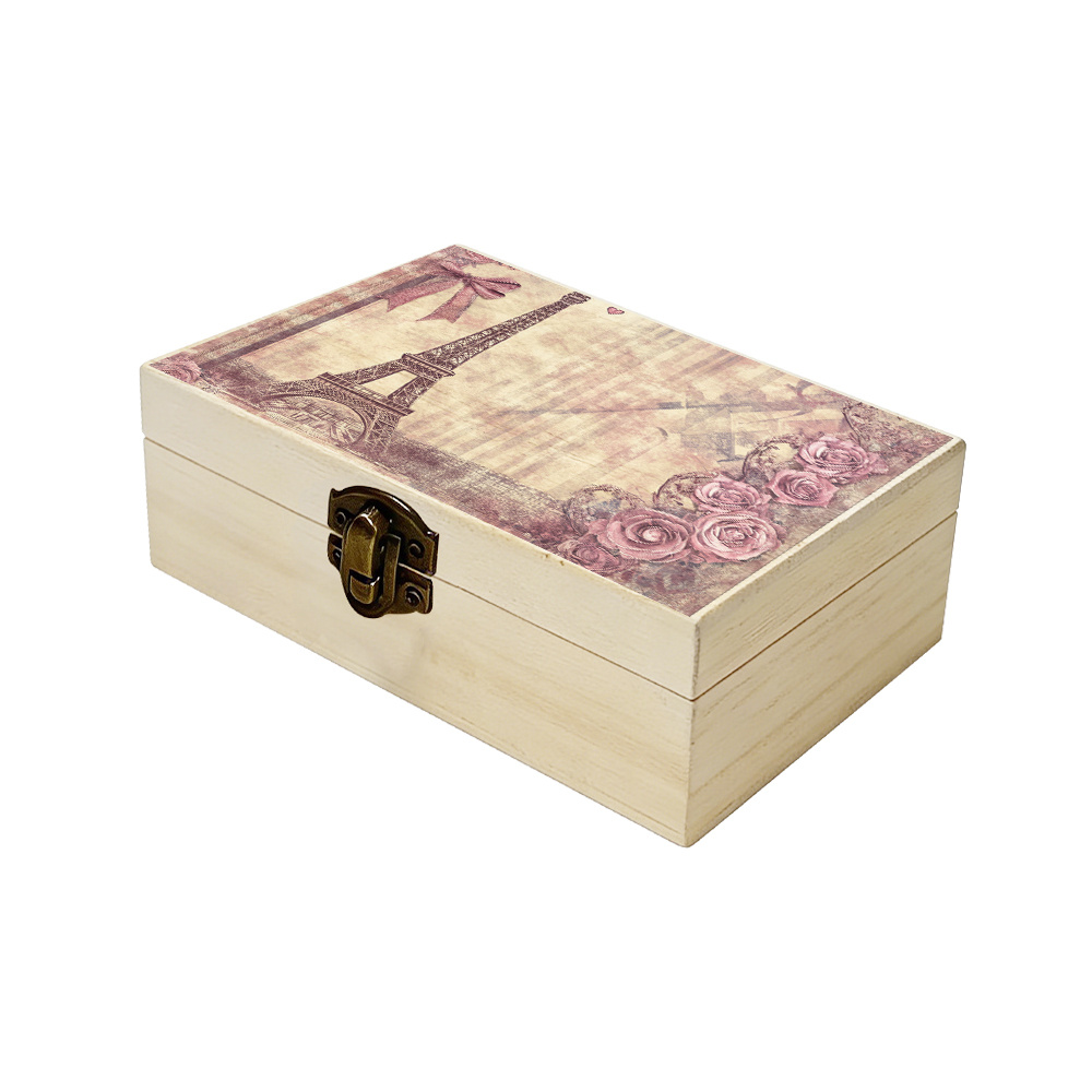 TEMU 1 pz Scatola portaoggetti in legno, Scatola regalo con illustrazione vintage di - Eiffel e Rosa, Piccolo organizer per piccoli oggetti, Scatola