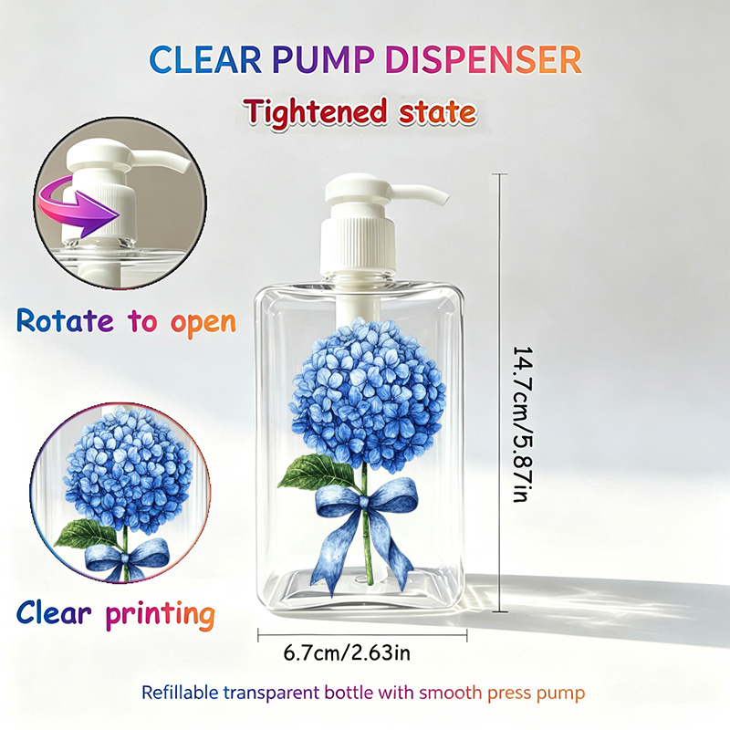 TEMU 2d Flat, 1pc, Blue Hydrangea Decorative Press Bottle 280ml, Refillable Cosmetic Pump, Suitable For Home Use/home Decor, Portable/travel