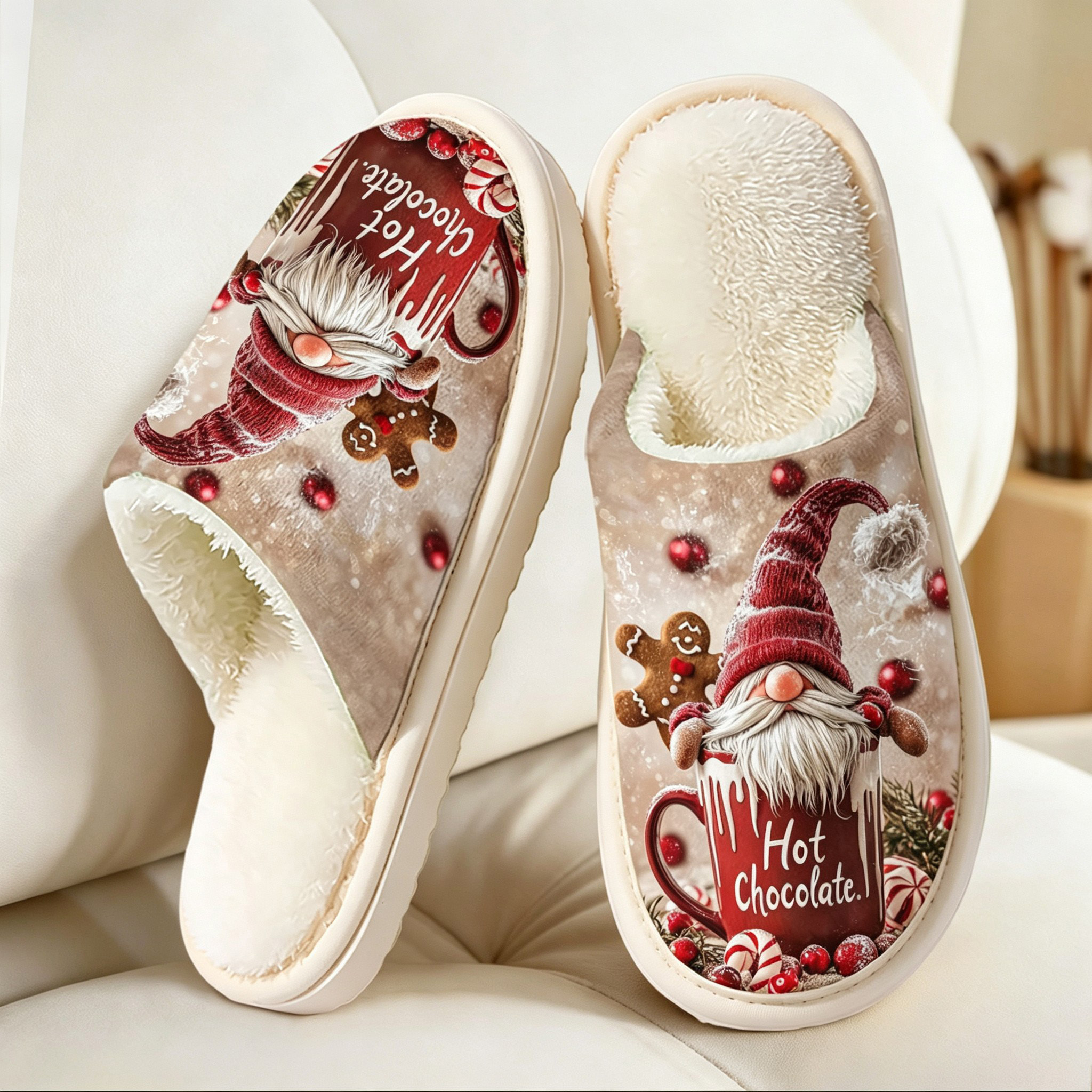 TEMU Christmas Gnome Hot Chocolate Gingerbread Man Autumn Winter Plush Soft Sole Full Coverage Heel Cute Soft Warm Comfortable Elegant Slippers