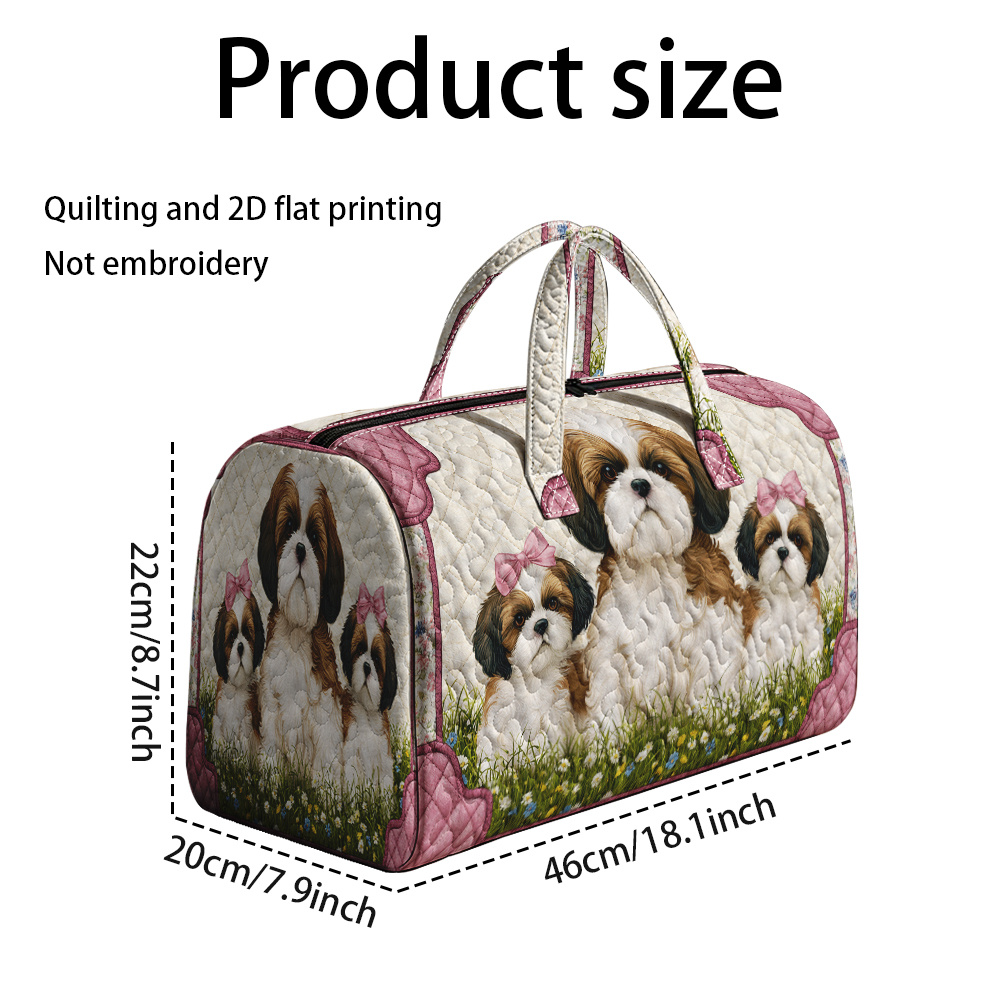 TEMU 2d Flat Printing 1pc, Reusable 3 Cute Shih Tzu Puppies With Flowers Quilted Tote Hand Bag, Travel Luggage Bag, Unisex, Books, Personal Items,