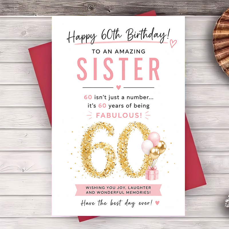 TEMU 1 Envelope And 1 Funny Greeting Card Happy 60th Birthday Greeting Card For Sister Elegant Golden Glitter Design For Milestone Celebration Party