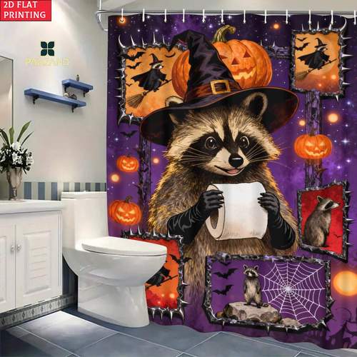 item picture 2d flat 2d flat 1pc shower curtain halloween raccoon hd printed shower curtain with 6 12 hooks elegant bathroom decor for home and hotel use multiple sizes suitable for gifts for family or friends 2d flat