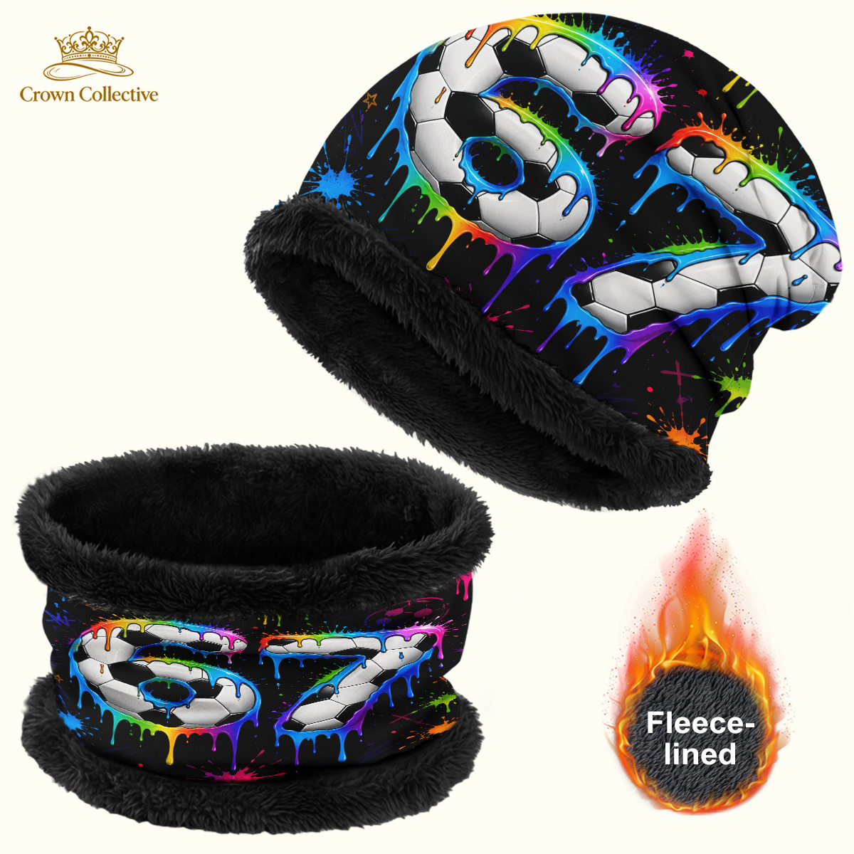 TEMU Football Texture Number "67" Pattern Fleece Beanie And Neck Warmer Set, Colorful Graffiti Style. Suitable For Street Fashion Daily Wear, Winter