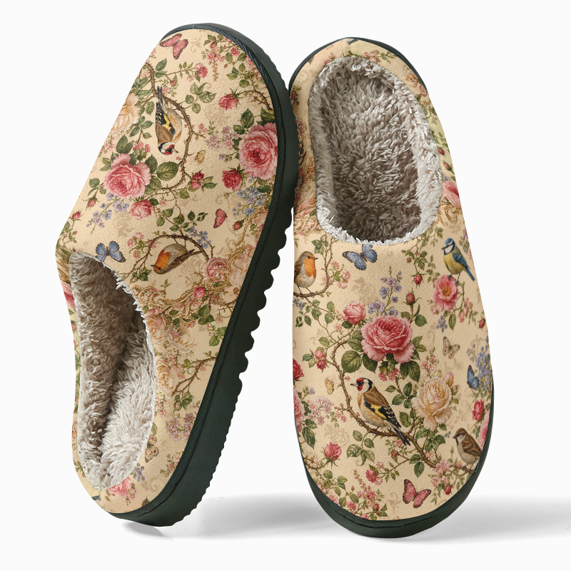 TEMU [new Style] Unisex Slippers, Plush Thickened Tpr Hard Sole, Retro Floral Print, Comfortable Warm Thickened Wear-resistant, Suitable For Home