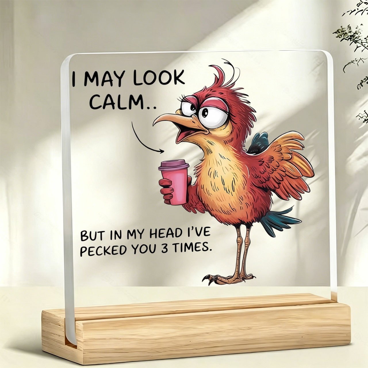 TEMU 2d Flat, 1pc "i Calm" Ornament, Warm And Inspirational Slogan, Acrylic Ornament With Wooden Base, Paperweight, Office Desk Decoration, Office