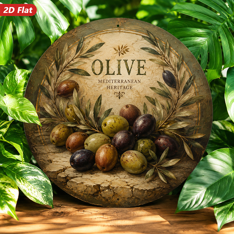 TEMU 2d Flat, 1pc Olive Heritage Round Metal Sign Wall Art, Heritage Text, Home Decor, Rustic Wreath, Green Purple Brown Olives, Ideal For Corner