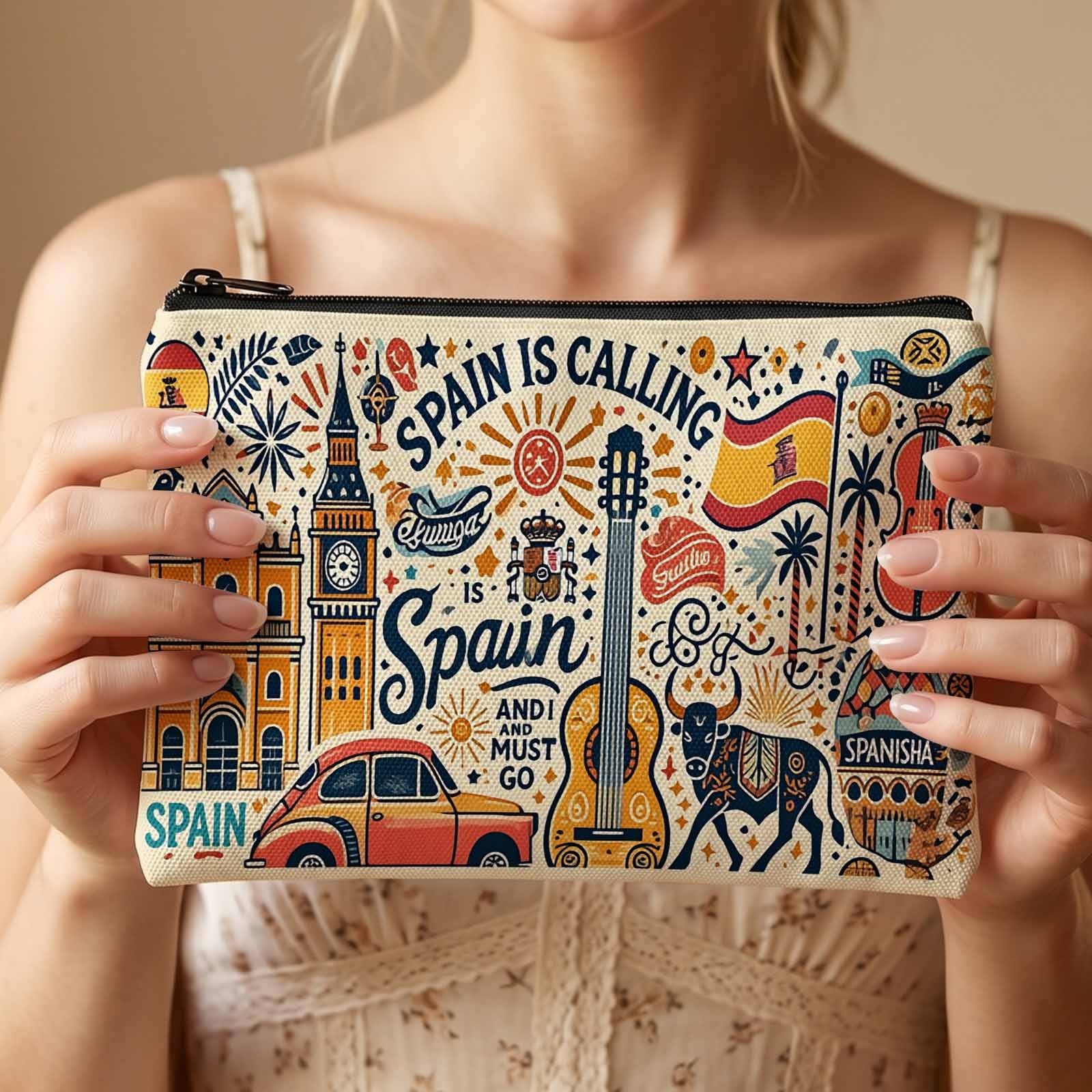 TEMU Neceser de Maquillaje 2D con Impresión , Esenciales de Viaje con Temática Española para Viajeros, para Festivales, Vacaciones y en