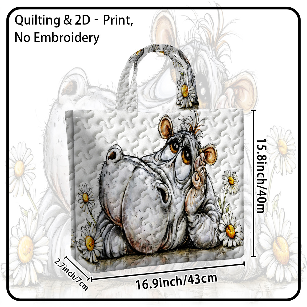 TEMU 1pc Ridesay Reusable Large Quilted Tote Bag With Hippo & Print Suitable For Shopping, , Grocery Carrier, Quilted Bag With Handle, Non-food