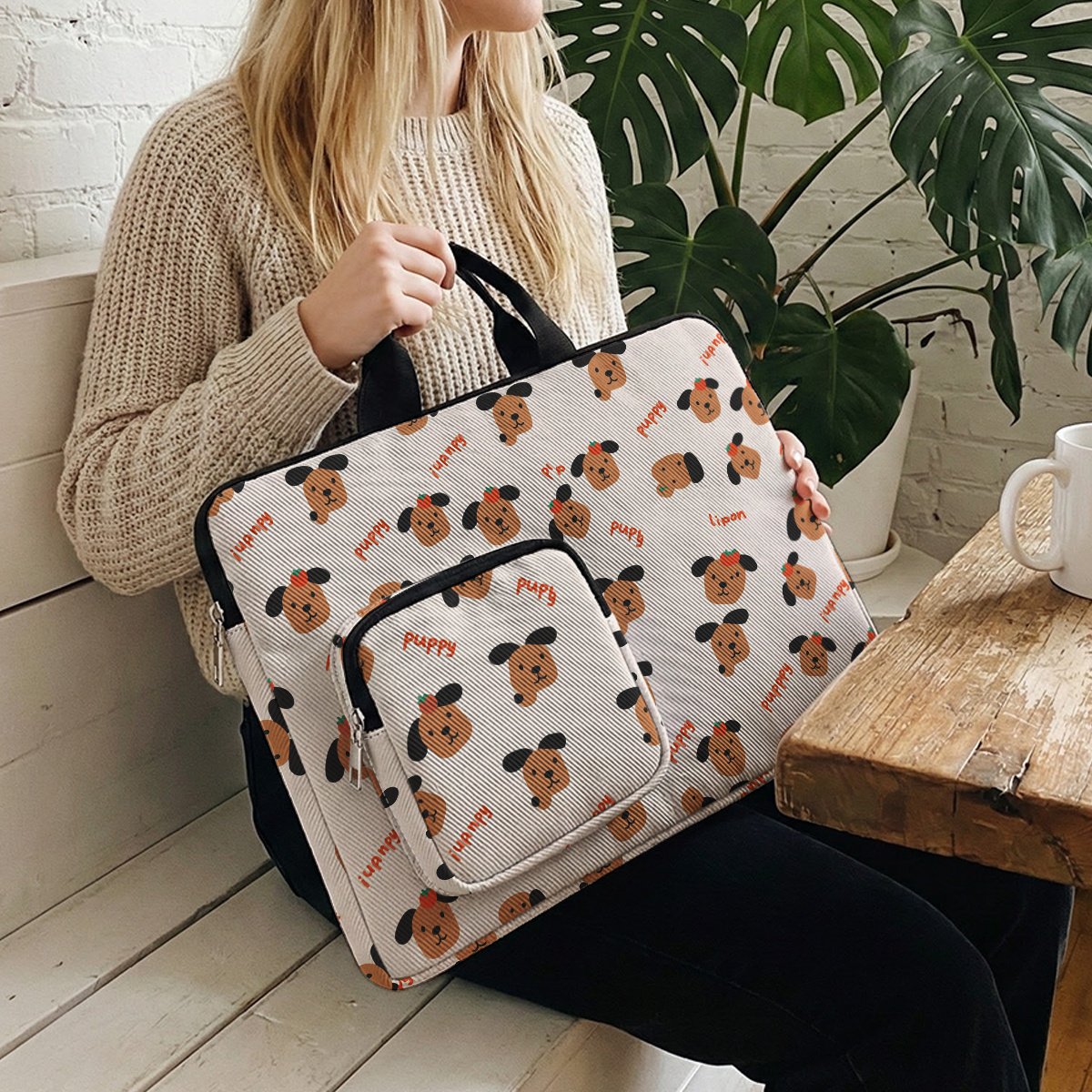 Handheld and Single-Shoulder Laptop Bag with 2D Puppy Print