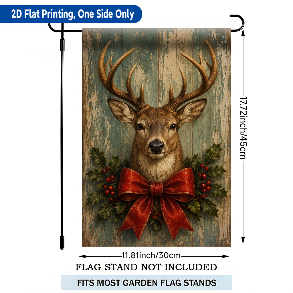 TEMU 2d Flat - 2d Flat Printing Garden Flag 1pc, Christmas Deer With Bow Single Sided Printing Garden Flag, Polyester, Holiday Yard Banner, For