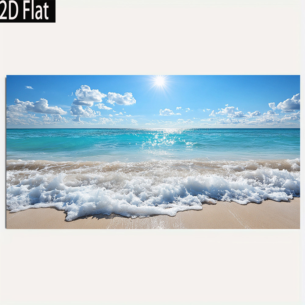 TEMU 2d Flat, 2d Flat 1pc Turquoise Waves Beach Modern Retro Wooden Framed Large Size Background Wall Art Canvas Wall Arthigh Quality Printed Poster
