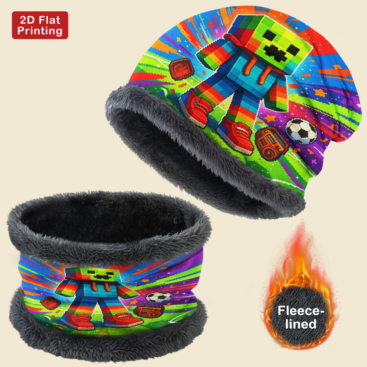 TEMU Men' & Women' Pixel Creature Print -lined Beanie And Neck Gaiter Set - Full-print Brimless Hat & Warm Collar, Lightweight Suitable For Winter,
