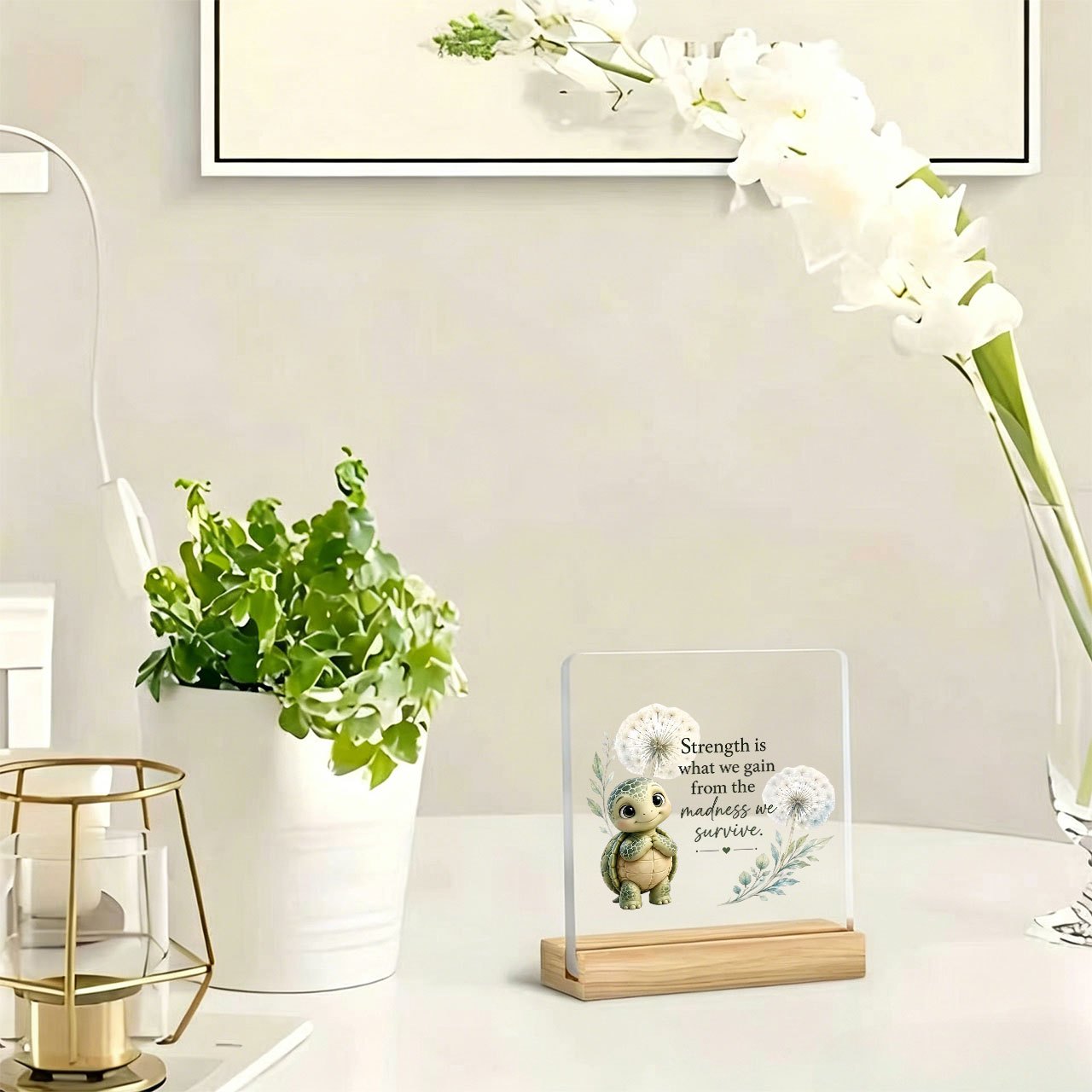 TEMU 1pc Turtle "strength Is " Paperweight Slogan Ornament, Warm And Inspirational Slogan, Acrylic Ornament With Wooden Base, Paperweight, Desktop