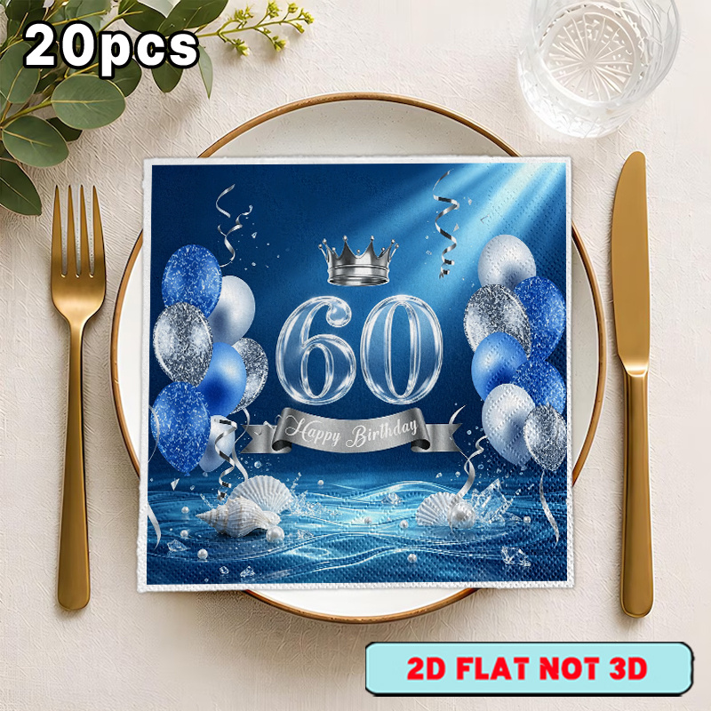 TEMU Lot de 20 serviettes YSW pour fête de 60e anniversaire - Vaisselle à double couche sur le thème couronne de ballons avec imprimé ballon et